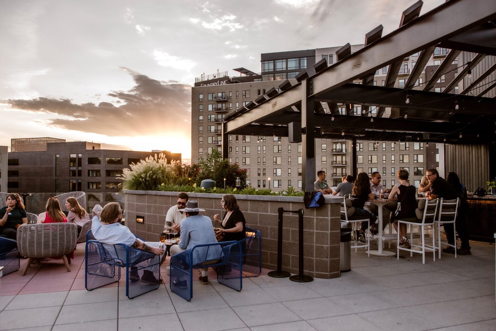 Reception on the rooftop deck at sunset